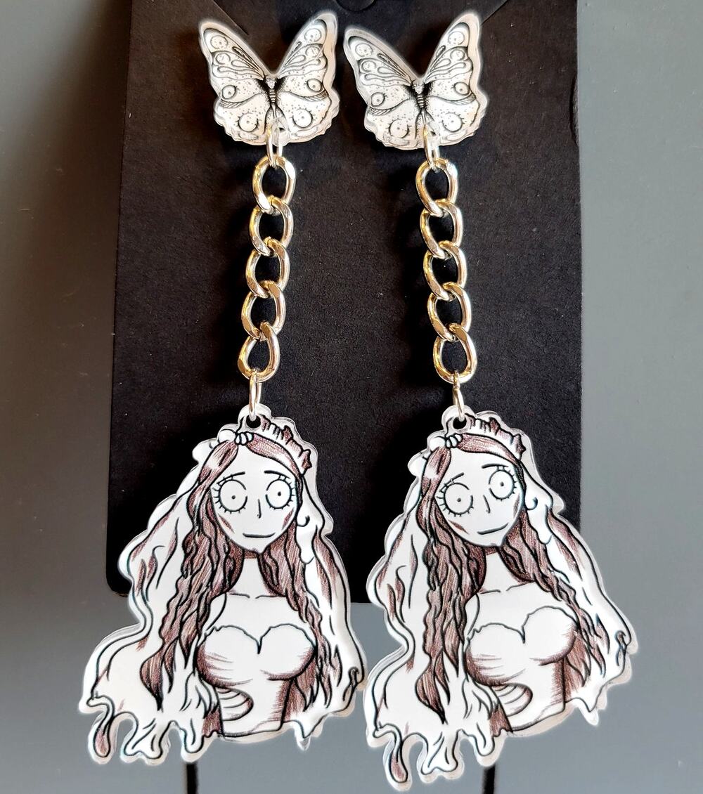 Corpse Bride Earrings Gothic Butterfly Chain Dangle Bride Halloween NWT 3.5"